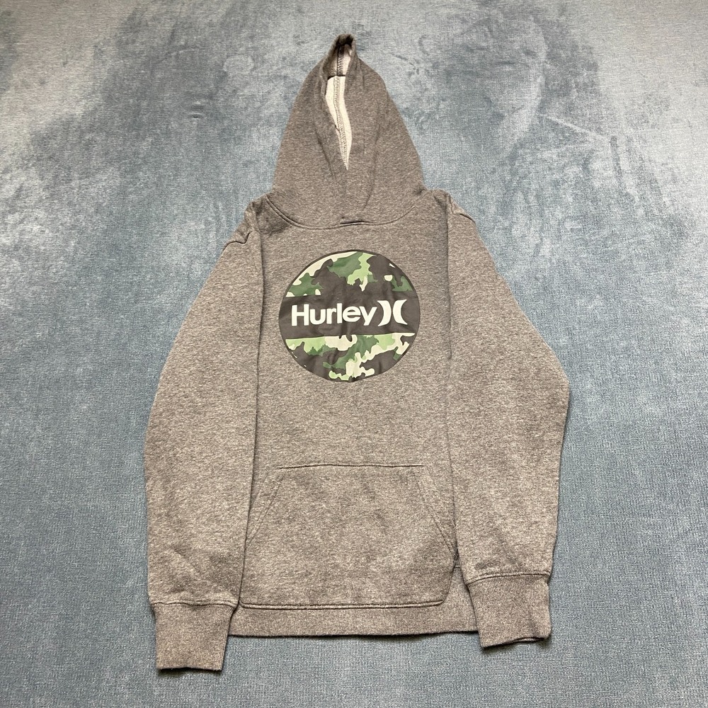 Hurley Hoodie Youth Boys 14/16 Gray Camo Logo Long Sleeve Fleece Lined Pullover